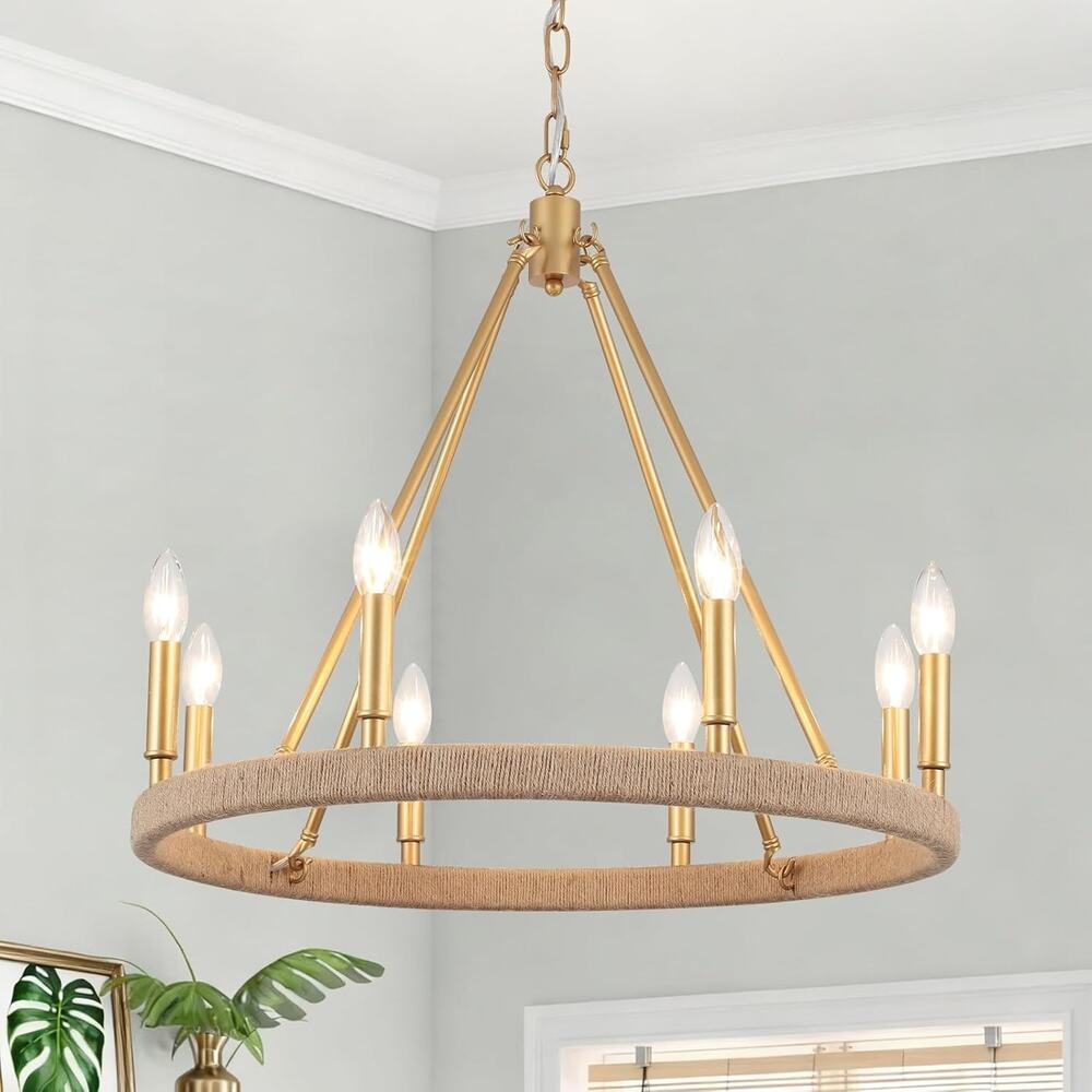 Gold Farmhouse Chandelier 8 Light Wagon Wheel Chandelier Modern Metal Round
